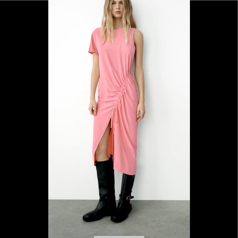 Zara Dress Womens Small Draped Asymmetrical Midi Barbie Pink Ruched Wedding
